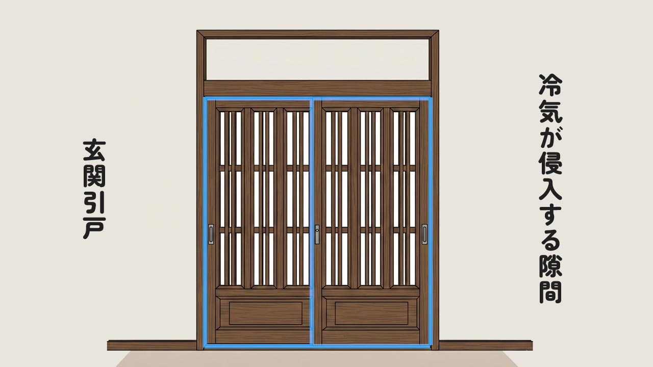 玄関の引き戸から冷気が入ってくる隙間箇所