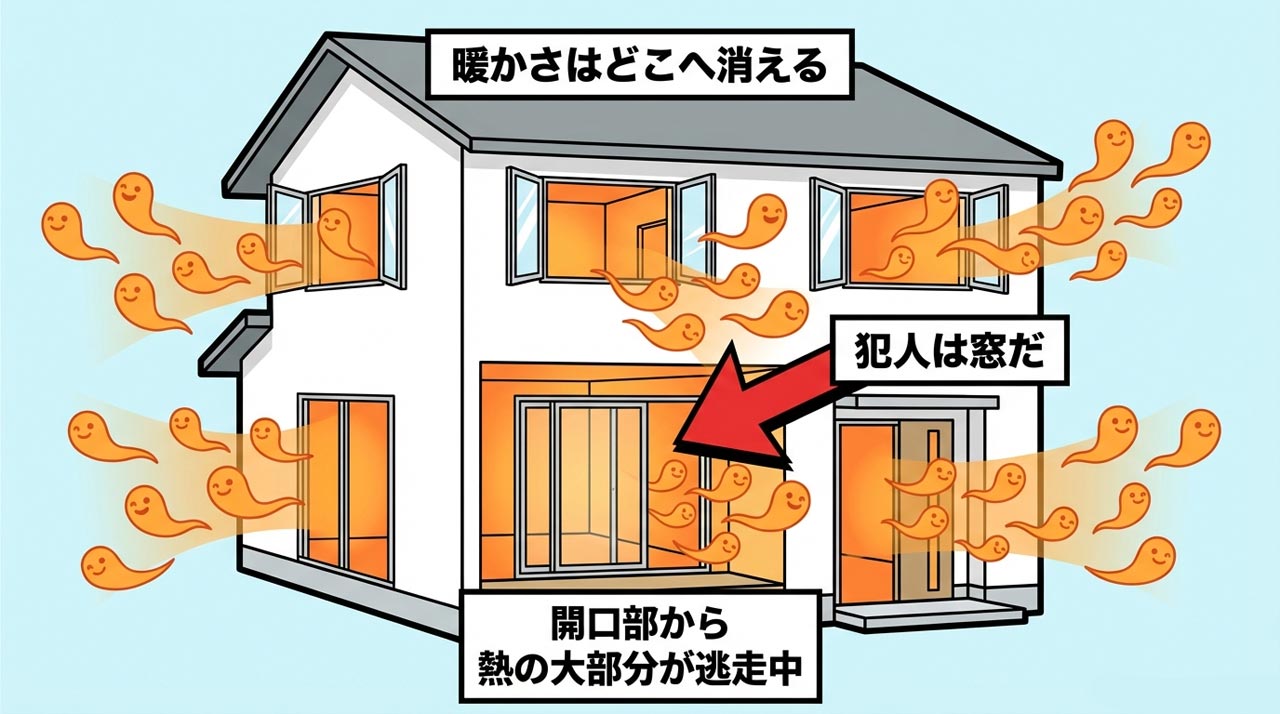 熱の主な逃げ道となる住宅の開口部(窓、サッシ、勝手口ドア)