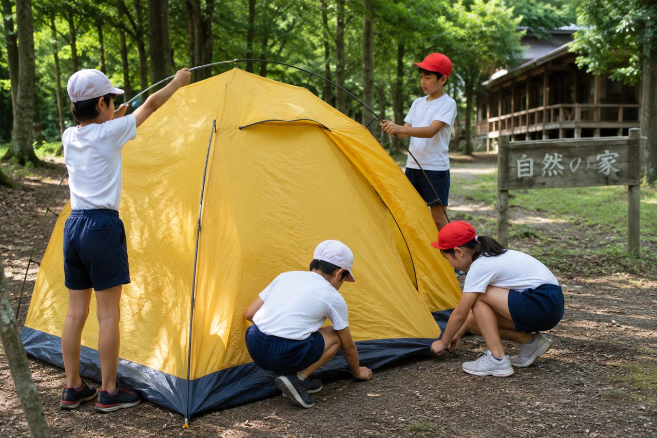 自然の家で黄色いテントを設営する小学生